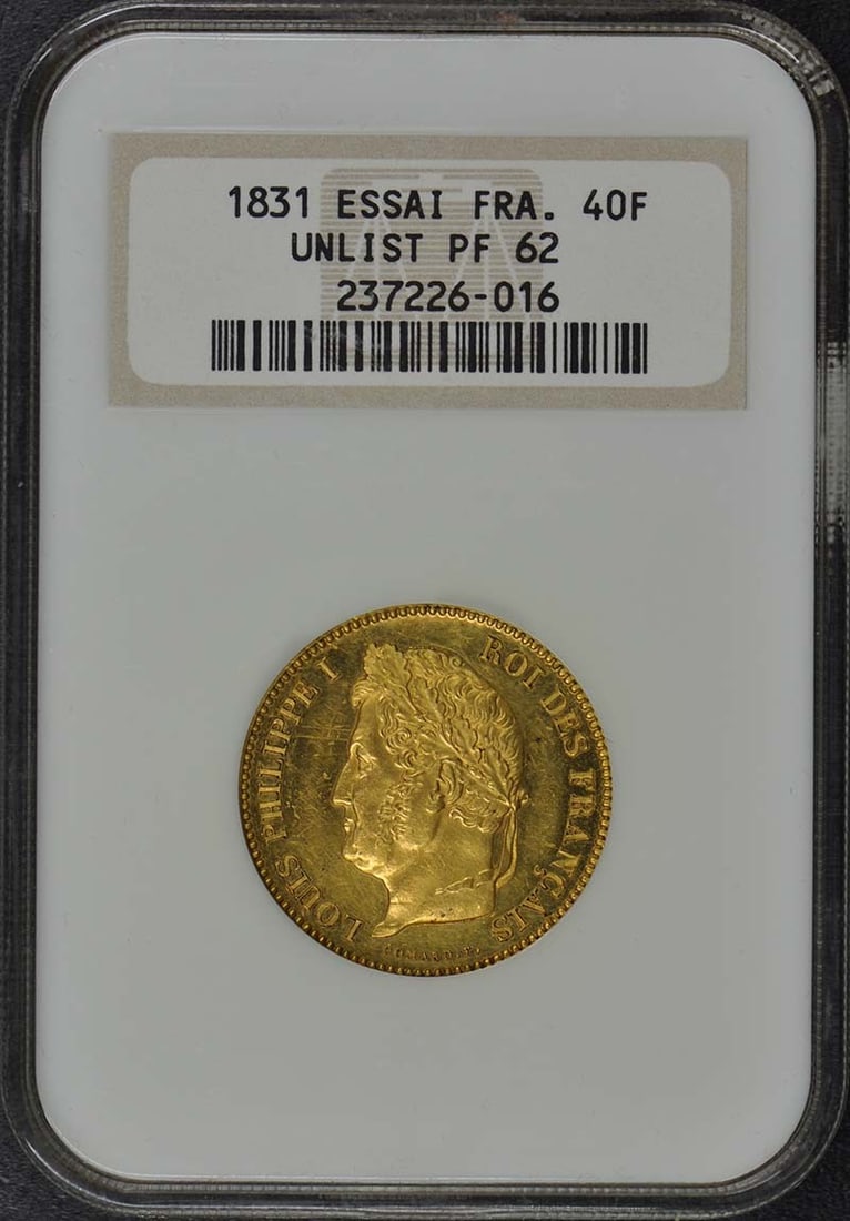 1831 France Essai 40 Francs Coin NGC PR62 Uncirculated: 1831 France Essai 40 Francs Coin NGC PR62 Uncirculated This 1831 France Essai 40 Francs coin is a remarkable piece of numismatic history. It is graded as PR62 by NGC, indicating its uncirculated condi