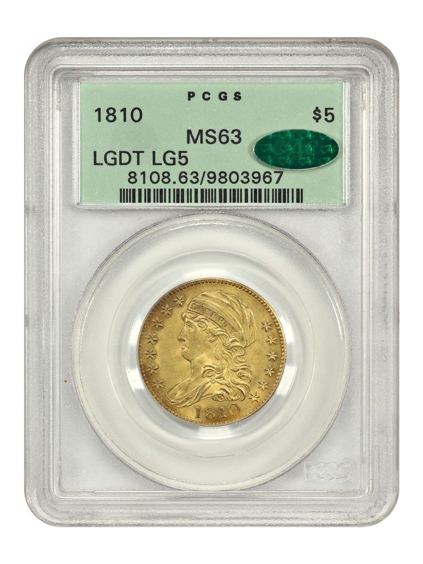1810 Capped Bust Half Eagle Gold Coin PCGS CAC MS63 Large Date Large 5 OGH: 1810 Capped Bust Half Eagle Gold Coin PCGS CAC MS63 Large Date Large 5 OGH This 1810 Capped Bust $5 gold coin features the Large Date, Large 5 variety and is graded MS63 by PCGS, with CAC approval. St