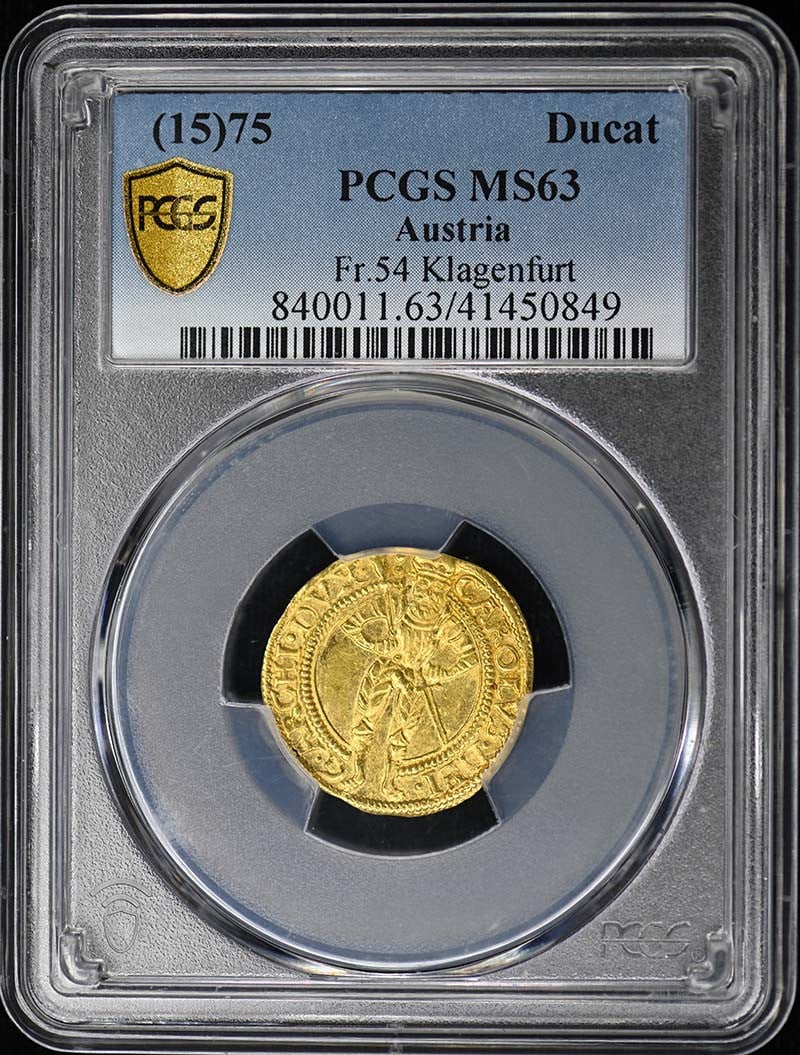 1575 Austria Ducat Klagenfurt Uncirculated PCGS MS63: 1575 Austria Ducat Klagenfurt Uncirculated PCGS MS63 This exquisite 1575 Austria Ducat from Klagenfurt is certified by PCGS with a grade of MS63. It is in uncirculated condition, showcasing its remark