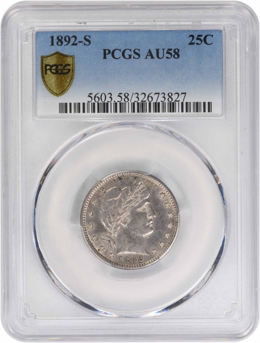 PCGS AU58 1892 San Francisco Barber Quarter 90 Percent Silver: PCGS AU58 1892 San Francisco Barber Quarter 90 Percent Silver This 1892-S Barber Silver Quarter is graded AU58 by PCGS. Minted in San Francisco, this circulated coin features a composition of 90% silv
