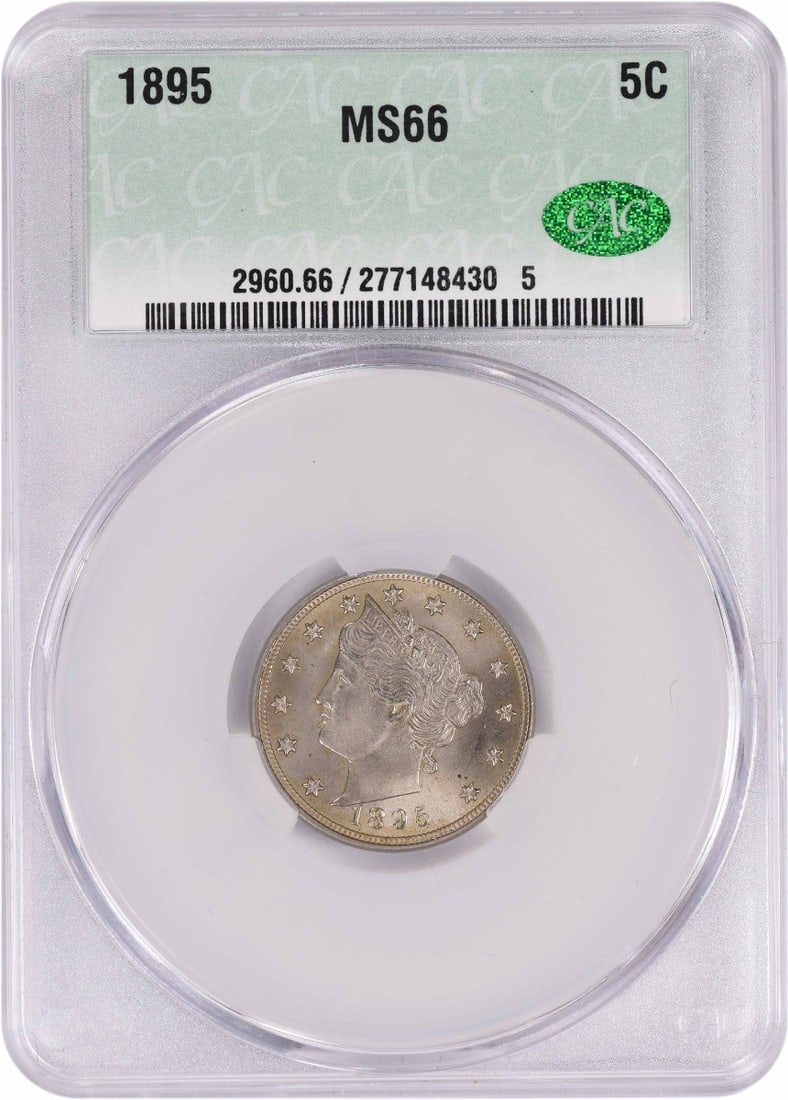 MS66 CACG Graded 1895 Liberty Nickel Uncirculated Philadelphia Issue: MS66 CACG Graded 1895 Liberty Nickel Uncirculated Philadelphia Issue This 1895 Liberty Nickel is an uncirculated coin certified by CACG with a grade of MS66. Struck at the Philadelphia Mint, it featur