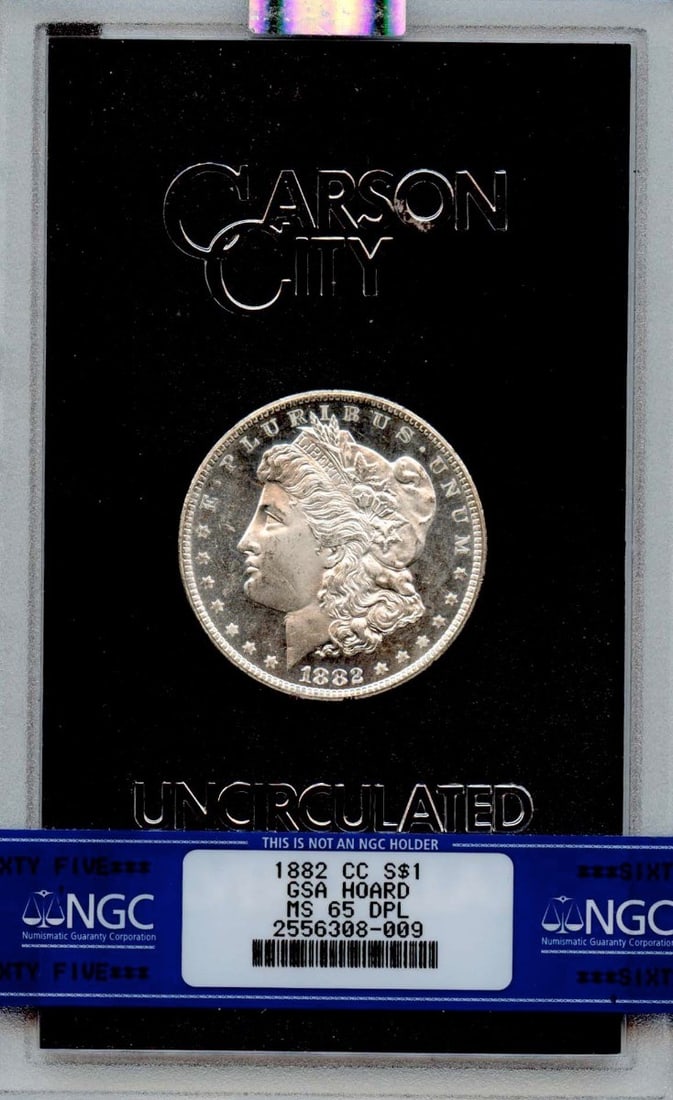 NGC MS65DMPL Carson City 1882 Morgan Dollar GSA Hoard Silver Coin: NGC MS65DMPL Carson City 1882 Morgan Dollar GSA Hoard Silver Coin This 1882-CC Morgan Dollar from the GSA Hoard is certified by NGC with a grade of MS65DMPL. Struck at the Carson City Mint, this uncir