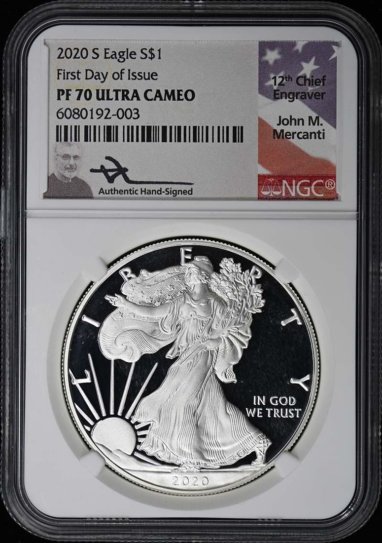 NGC PR70DCAM 2020 S Silver Eagle First Day of Issue Dollar Coin: NGC PR70DCAM 2020 S Silver Eagle First Day of Issue Dollar Coin This 2020 S Eagle Silver Dollar features a First Day of Issue designation and has been certified by NGC with a grade of PR70 Deep Cameo.