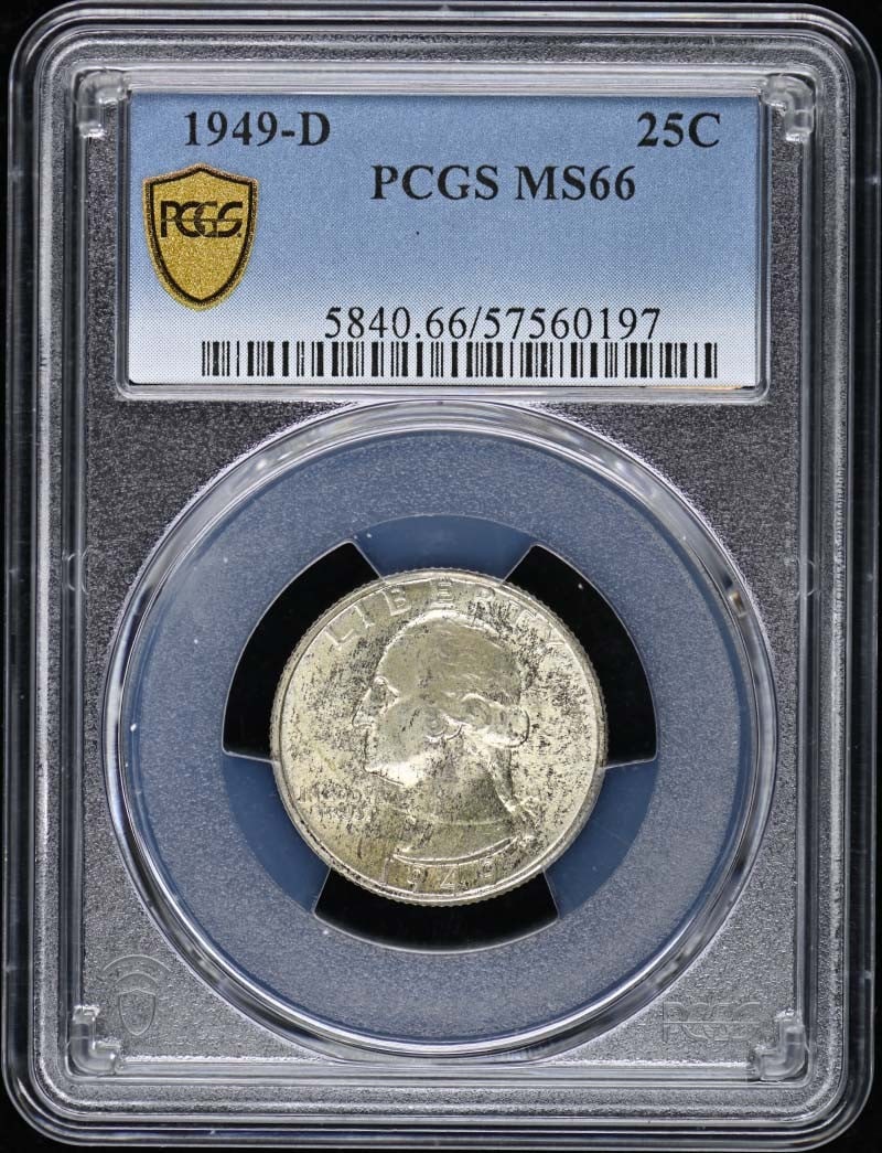 1949-D Washington Quarter PCGS MS66 Uncirculated Denver Mint: 1949-D Washington Quarter PCGS MS66 Uncirculated Denver Mint This 1949-D Washington Quarter is graded MS66 by PCGS, indicating it is in uncirculated condition. Minted in Denver, this coin showcases th