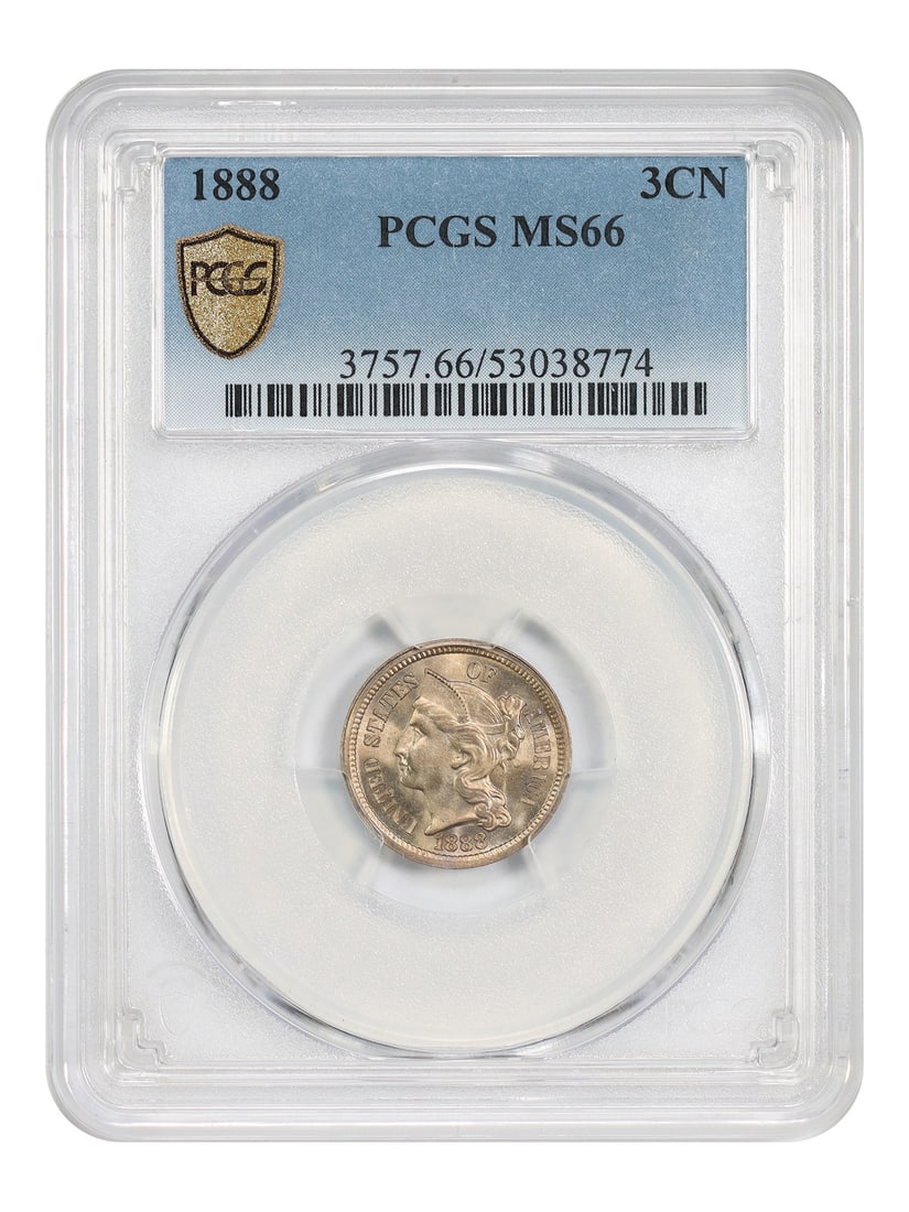 PCGS MS66 1888 Three Cent Nickel Low Mintage: PCGS MS66 1888 Three Cent Nickel Low Mintage This 1888 Three Cent Nickel is a superb gem example from a low mintage year, with only 36,500 coins struck. Graded MS66 by PCGS, this uncirculated coin was
