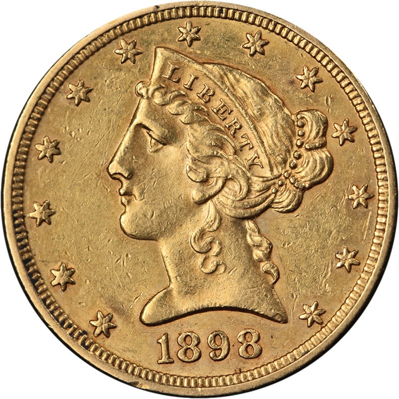 1898 Philadelphia Mint Liberty Five Dollar Gold Coin AU to BU: 1898 Philadelphia Mint Liberty Five Dollar Gold Coin AU to BU This original 1898-P Liberty Gold $5 coin features impressive eye appeal with attractive luster and a strong strike. The coin presents wit
