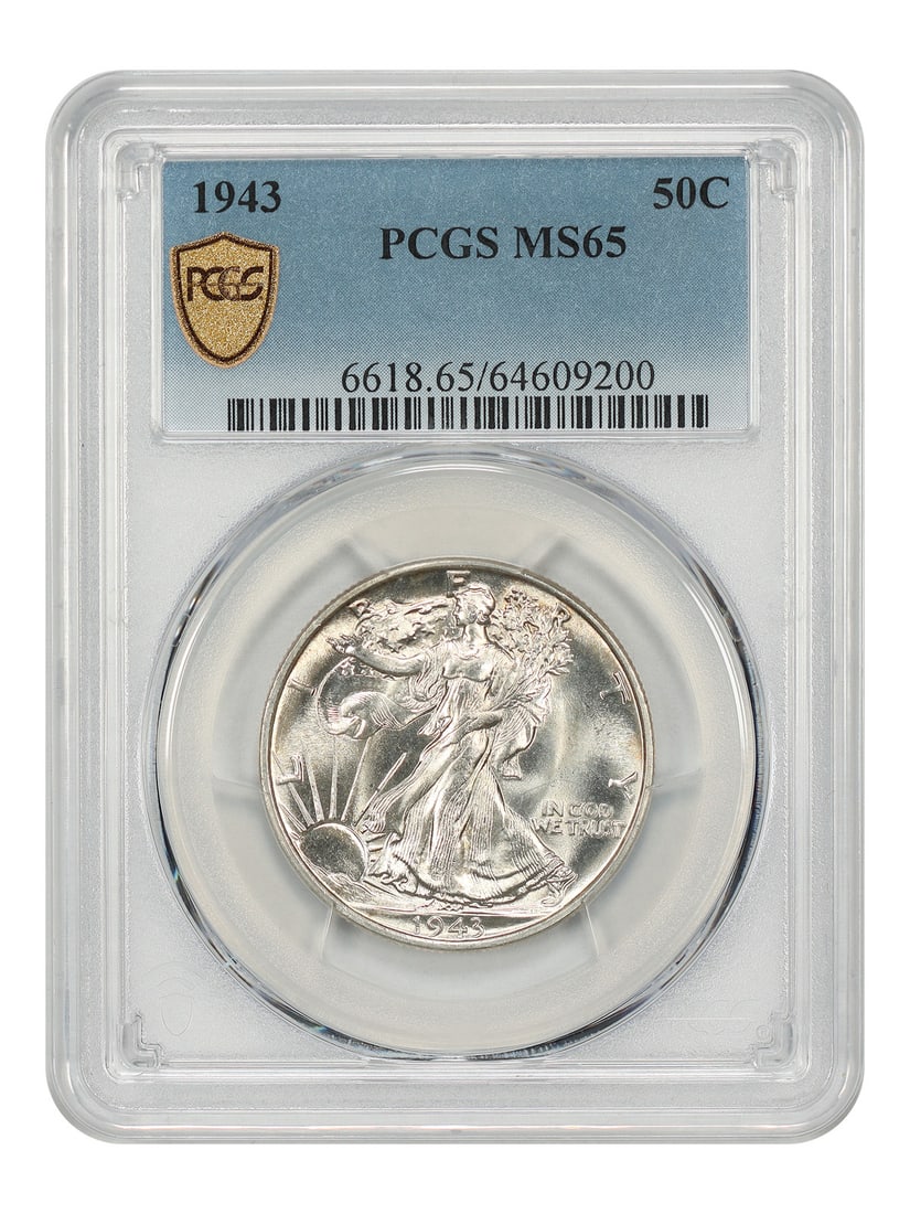 PCGS MS65 1943 Walking Liberty 50C Half Dollar: PCGS MS65 1943 Walking Liberty 50C Half Dollar This 1943 Walking Liberty Half Dollar is graded MS65 and certified by PCGS. It is an uncirculated coin from the Philadelphia Mint, featuring the classic 