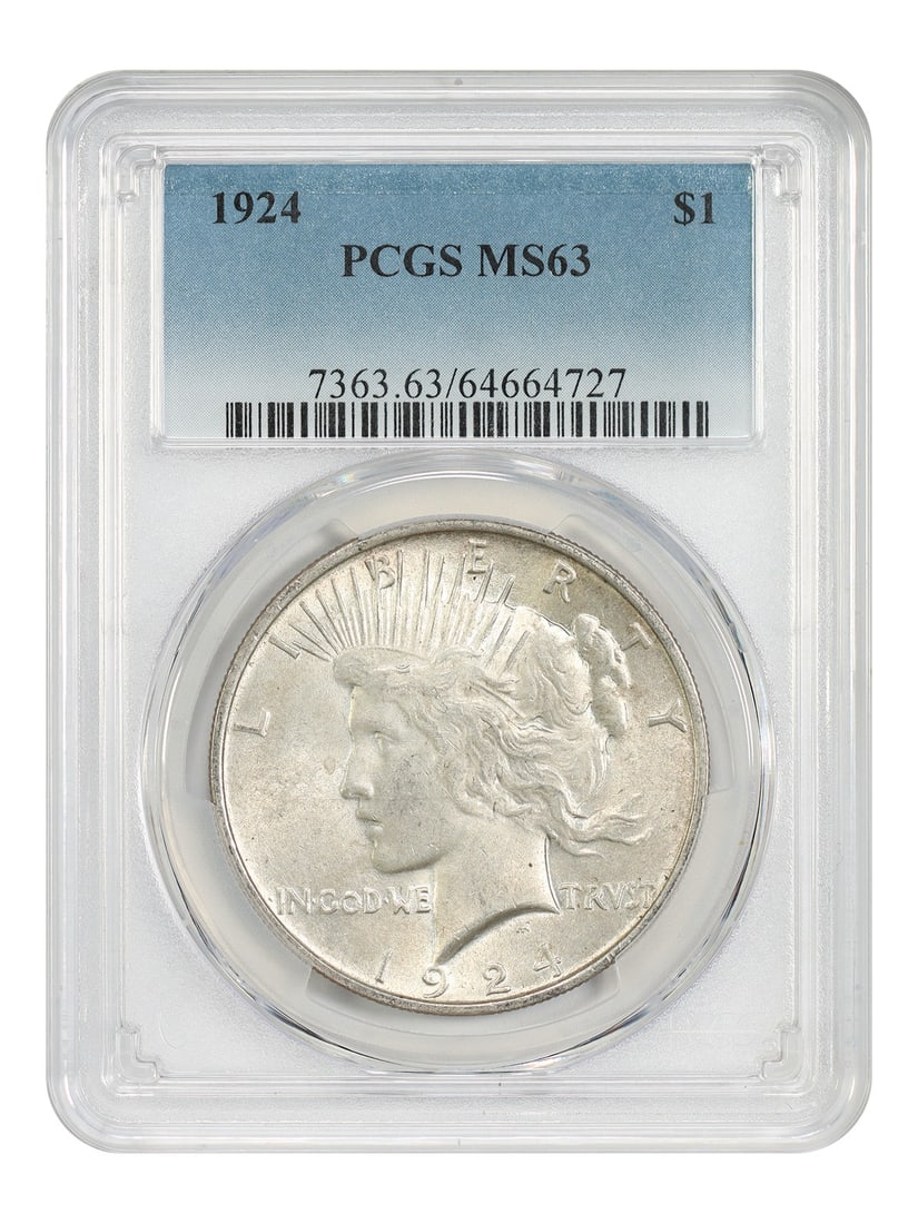 PCGS MS63 1924 Peace Silver Dollar Uncirculated Philadelphia: PCGS MS63 1924 Peace Silver Dollar Uncirculated Philadelphia This is a 1924 Peace Dollar graded MS63 by PCGS. The coin is uncirculated and was minted in Philadelphia. It is part of the Peace Dollar se