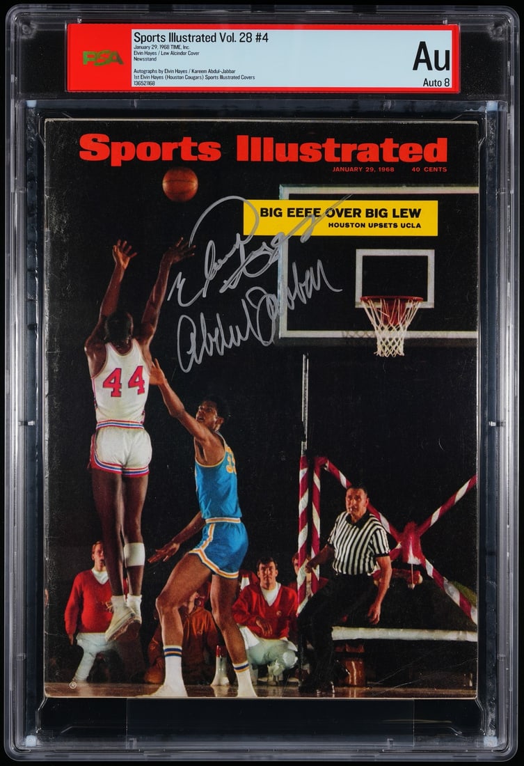 1968 Sports Illustrated Magazine Signed by Kareem Abdul-Jabbar and Elvin Hayes PSA 8: 1968 Sports Illustrated Magazine Signed by Kareem Abdul-Jabbar and Elvin Hayes PSA 8 This is an original 1968 Sports Illustrated magazine, newsstand issue with no mailing label, featuring dual signatu