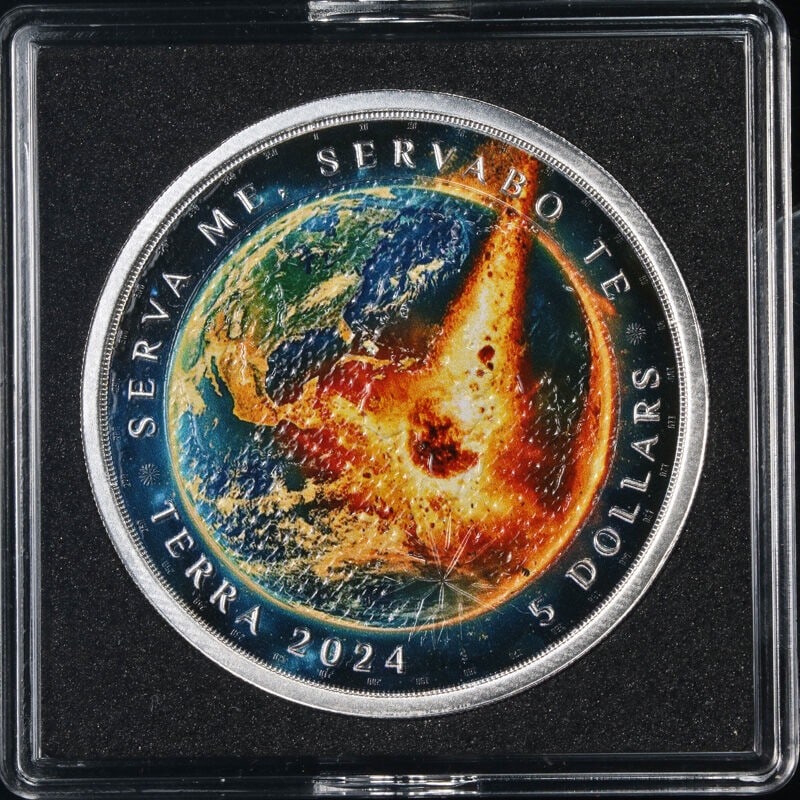 2024 Tokelau 1 Oz Silver Colorized Meteorite Coin Limited 100: 2024 Tokelau 1 Oz Silver Colorized Meteorite Coin Limited 100 Introducing the 2024 Tokelau 1 Oz Silver Terra Meteorite Impact Coin, a stunning collectible that showcases exceptional craftsmanship and 