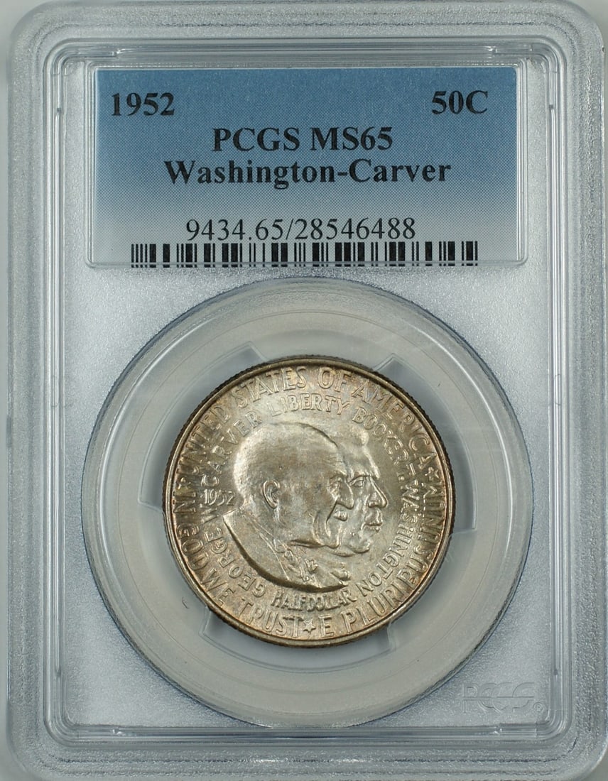 PCGS MS65 1952 Washington-Carver Silver Half Dollar Commemorative Coin: PCGS MS65 1952 Washington-Carver Silver Half Dollar Commemorative Coin This 1952 Washington-Carver Commemorative Silver Half Dollar Coin is graded MS-65 by PCGS, indicating gem uncirculated condition.