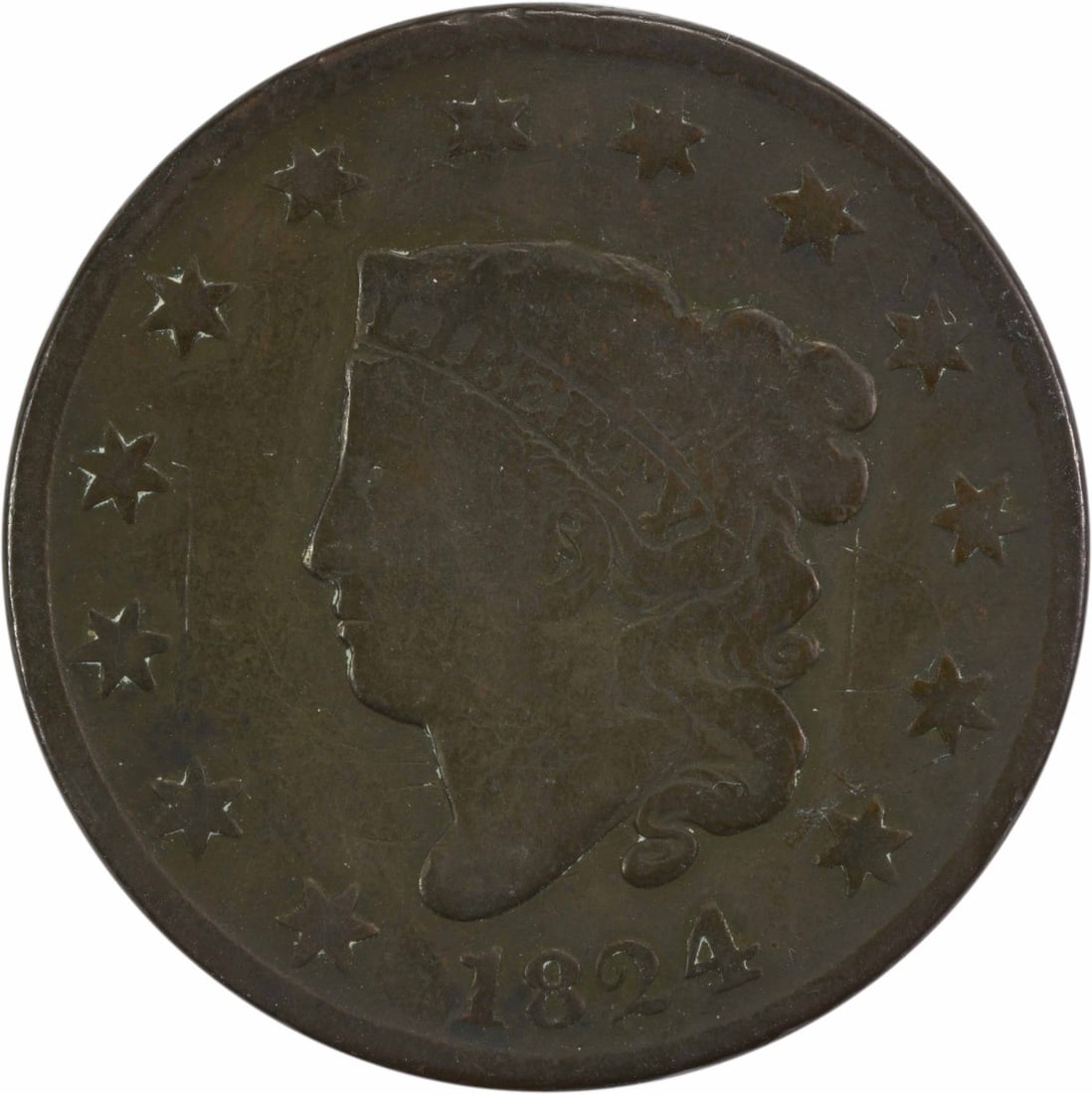 1824 Large Cent Coronet Head Copper Coin VG Uncertified (1 of 2)
