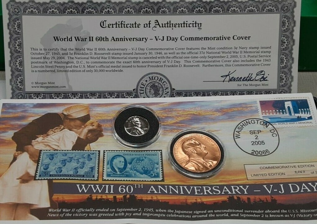 V-J Day 60th Anniversary First Day Cover With Steel Cent and FDR Bronze Medal: V-J Day 60th Anniversary First Day Cover With Steel Cent and FDR Bronze Medal This commemorative set honors the 60th anniversary of V-J Day with a First Day Cover dated September 2, 2005, featuring a 