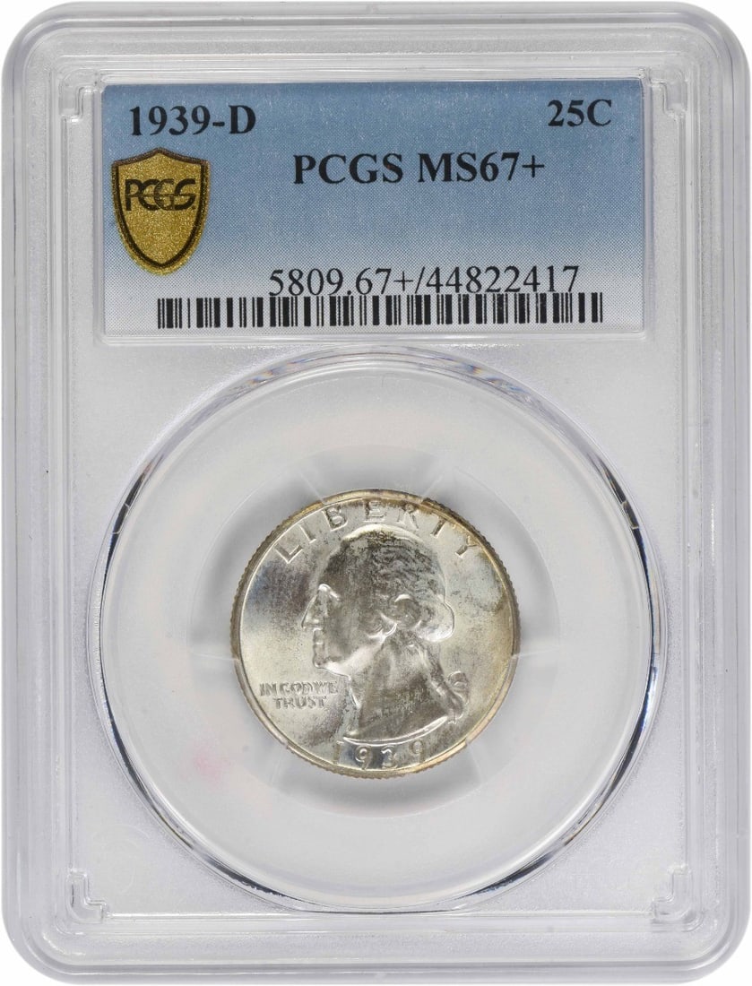 MS67+ PCGS Graded 1939 Denver Washington 90% Silver Quarter Coin: MS67+ PCGS Graded 1939 Denver Washington 90% Silver Quarter Coin This is a 1939-D Washington Quarter certified by PCGS with a grade of MS67+. The coin is composed of 90% silver and 10% copper, minted 