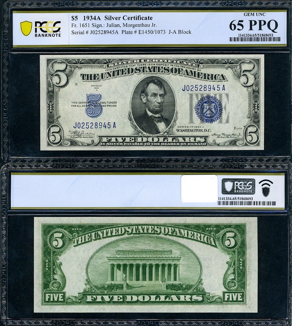 1934-A Five Dollar Silver Certificate PCGS Gem CU65 PPQ J-A Block: 1934-A Five Dollar Silver Certificate PCGS Gem CU65 PPQ J-A Block This FR. 1651 $5 1934-A Silver Certificate from the J-A Block is graded PCGS Gem CU65 PPQ. It features excellent paper quality, punch 