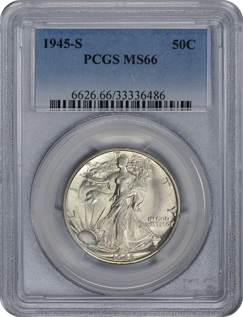 1945-S Walking Liberty Half Dollar MS66 PCGS Uncirculated Silver Coin: 1945-S Walking Liberty Half Dollar MS66 PCGS Uncirculated Silver Coin This stunning 1945-S Walking Liberty Half Dollar is graded MS66 by PCGS, ensuring its exceptional quality. Struck in San Francisco