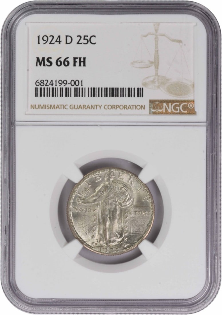 1924-D Standing Liberty Silver Quarter MS66FH NGC Certified: 1924-D Standing Liberty Silver Quarter MS66FH NGC Certified This 1924-D Standing Liberty Silver Quarter is an exceptional piece, graded MS66FH by NGC. It features the iconic design by Hermon A. Mac Ne