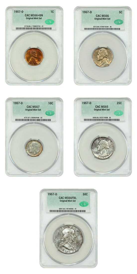 1957-D CACG certified 5-coin mint set 1C to 50C MS65-67: 1957-D CACG certified 5-coin mint set 1C to 50C MS65-67 This is an original 1957-D Mint Set featuring five uncirculated coins with denominations ranging from 1 cent to 50 cents. Each coin has been gra