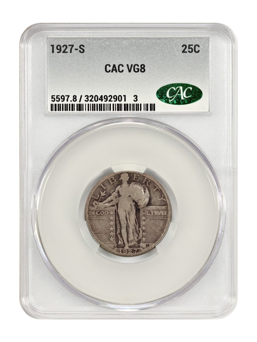 1927 San Francisco Standing Liberty Quarter CACG VG08 Key Date 25C: 1927 San Francisco Standing Liberty Quarter CACG VG08 Key Date 25C This is a 1927 Standing Liberty Quarter, certified by CACG and minted in San Francisco. The coin is in pre-owned condition and repres