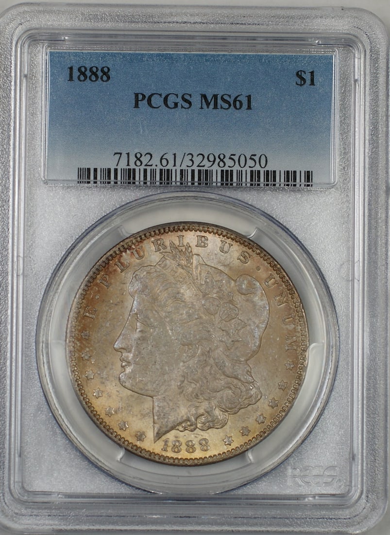 PCGS MS61 1888 Morgan silver dollar toned: PCGS MS61 1888 Morgan silver dollar toned This 1888 Morgan Silver Dollar is a $1 coin from the United States, graded MS-61 by PCGS. It features attractive toning and is composed of silver. The coin is