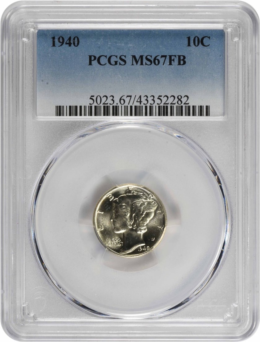 PCGS MS67FB 1940 Mercury Dime 90% Silver Philadelphia Mint: PCGS MS67FB 1940 Mercury Dime 90% Silver Philadelphia Mint This 1940 Mercury Dime from the United States, minted in Philadelphia, is graded MS67FB by PCGS. Composed of 90% silver and 10% copper, the c