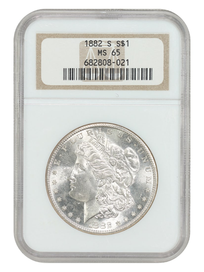 1882-S Morgan Dollar NGC MS65 San Francisco Mint: 1882-S Morgan Dollar NGC MS65 San Francisco Mint This 1882 Morgan Dollar was minted in San Francisco and is certified by NGC with a grade of MS65. Renowned for its consistently crisp strike and distin