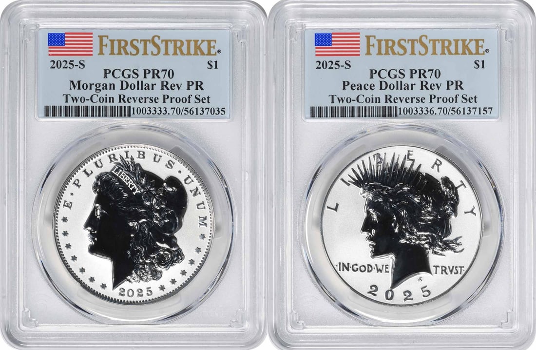 PR70 First Strike 2025 S Reverse Proof Morgan Peace Dollar Pair by PCGS: PR70 First Strike 2025 S Reverse Proof Morgan Peace Dollar Pair by PCGS This set features two 2025 silver dollars, including the Morgan and Peace designs, each with a reverse proof finish. Both coins 