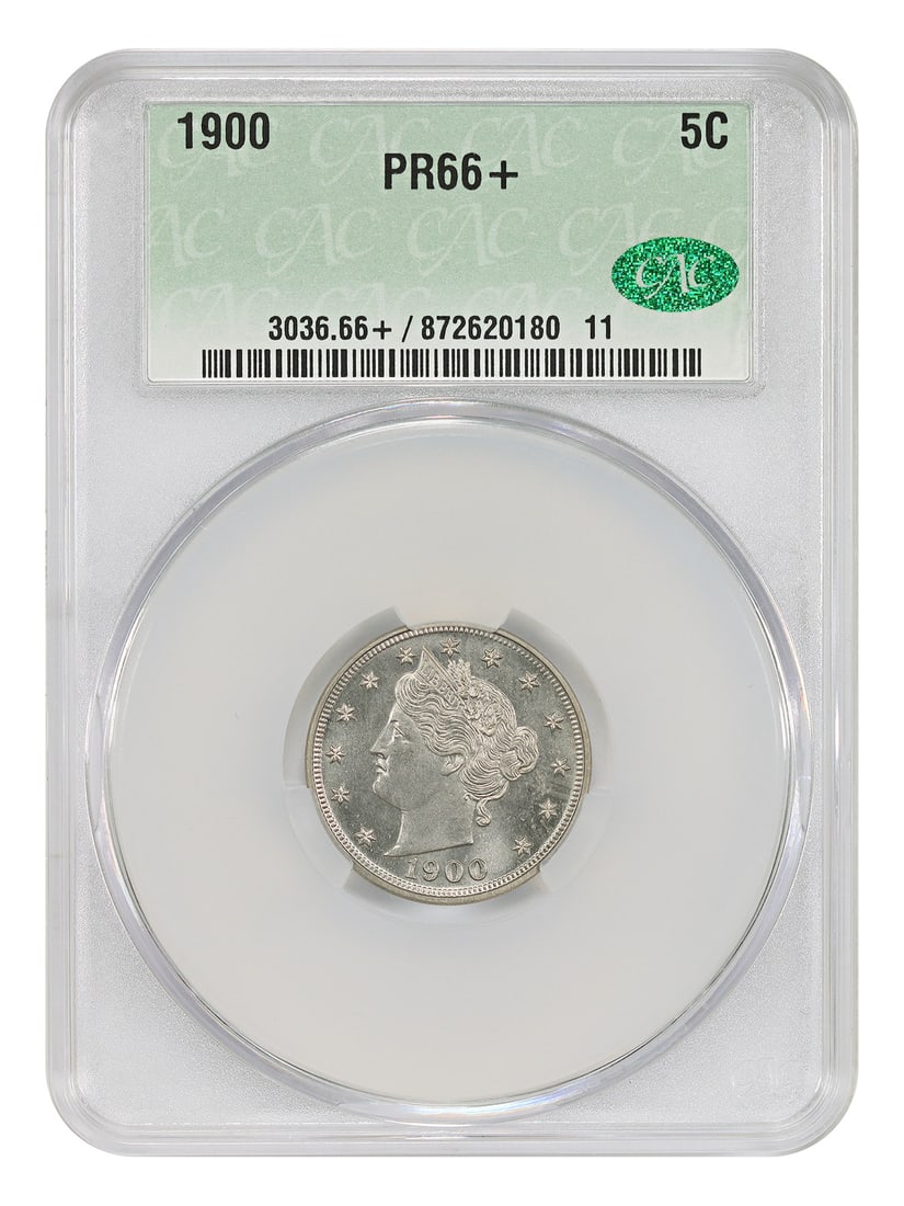 CACG PR66+ 1900 Liberty Nickel Proof 5C Philadelphia: CACG PR66+ 1900 Liberty Nickel Proof 5C Philadelphia This 1900 Liberty Nickel is a proof strike with a low mintage of only 2,262 coins. Graded PR66+ by CACG, the coin features a blast white, flashy ap