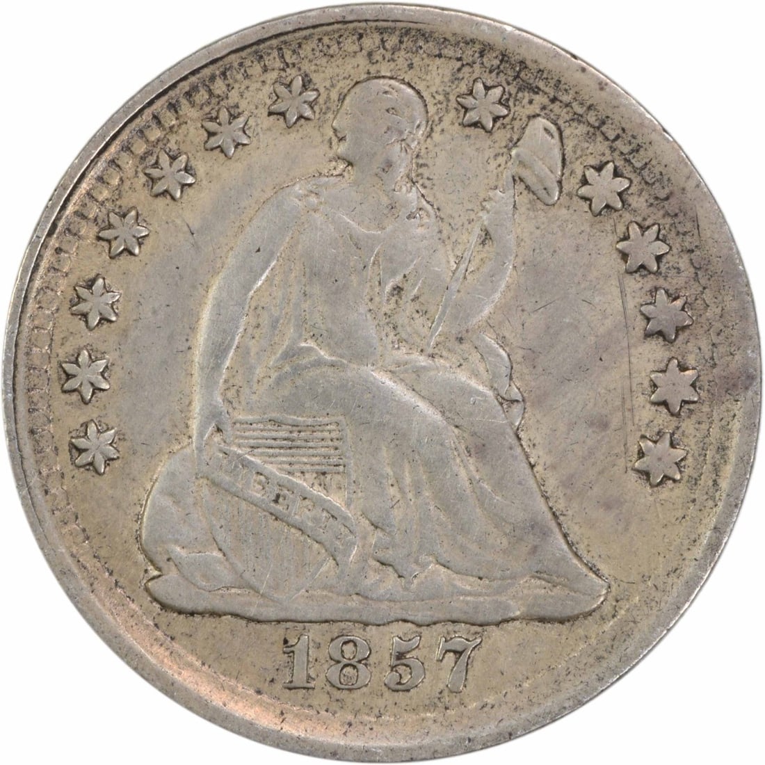 1857 Liberty Seated Half Dime 90% Silver Uncertified EF: 1857 Liberty Seated Half Dime 90% Silver Uncertified EF This 1857 Liberty Seated Silver Half Dime is a remarkable piece of numismatic history, featuring a beautiful design by Christian Gobrecht. Struc