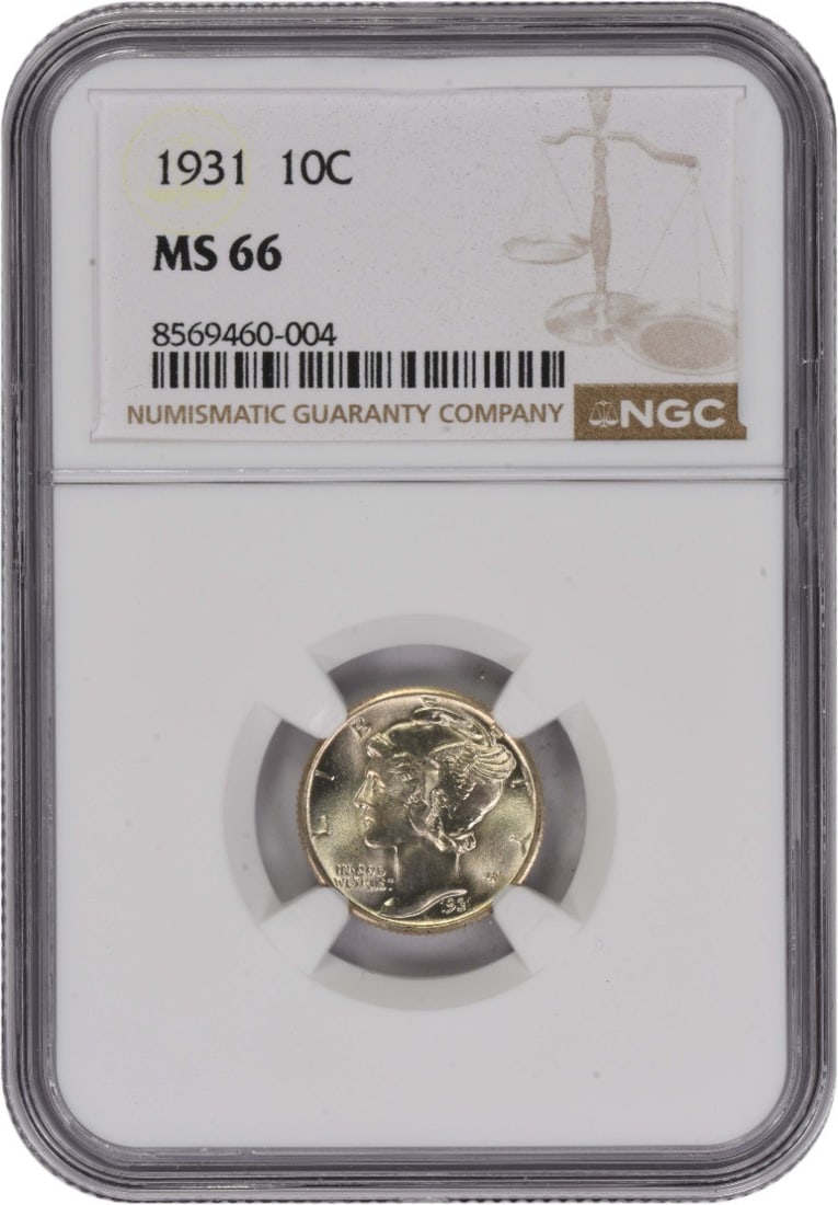 1931 Mercury Dime MS66 Graded by NGC 90 Percent Silver: 1931 Mercury Dime MS66 Graded by NGC 90 Percent Silver This 1931 Mercury Dime is certified MS66 by NGC. Struck at the Philadelphia Mint, it is composed of 90% silver and 10% copper. Designed by Adolph