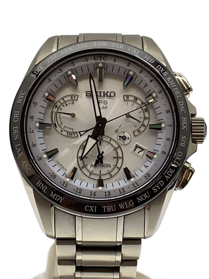Seiko Astron SBXB047 GPS Solar Dual Time Men's Wristwatch: Seiko Astron SBXB047 GPS Solar Dual Time Men's Wristwatch This SEIKO Astron 8X Series Dual Time GPS Solar SBXB047 is a men's wristwatch crafted from stainless steel. The watch features a white dial an