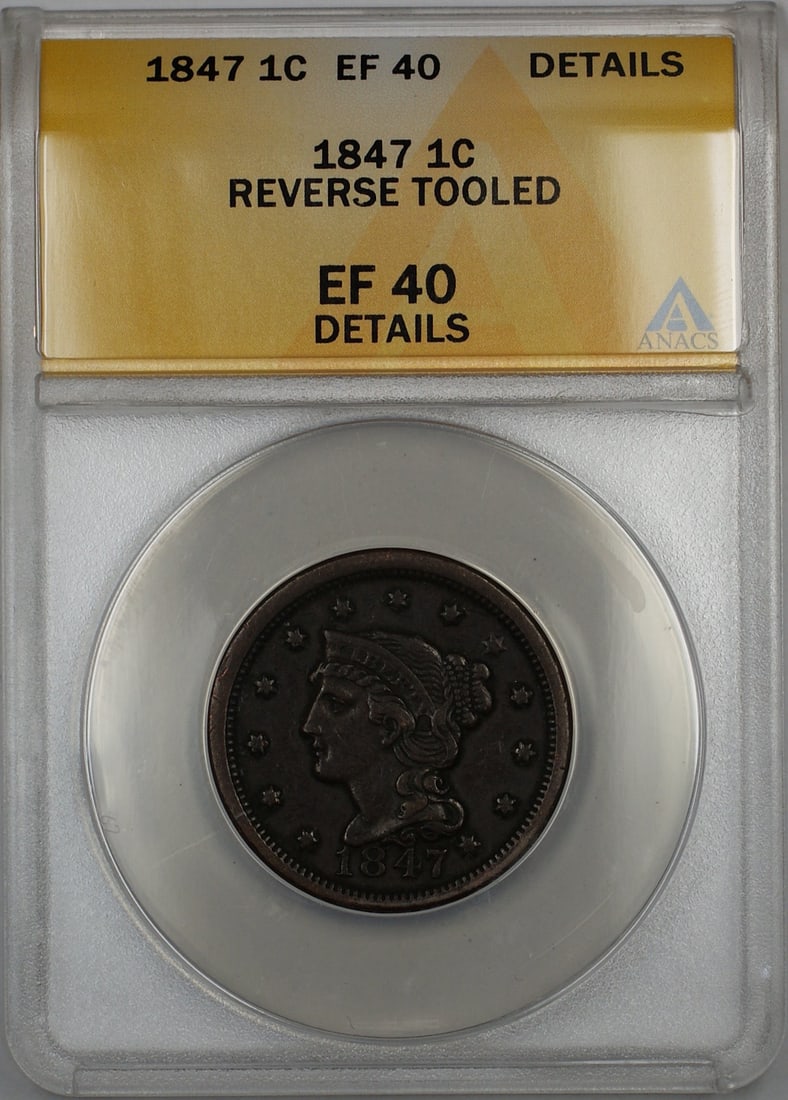 1847 Braided Hair Large Cent Copper Coin ANACS EF-40 Details: 1847 Braided Hair Large Cent Copper Coin ANACS EF-40 Details This is an 1847 Braided Hair Large Cent 1c coin from the United States, graded EF-40 Details by ANACS. The coin is composed of copper and w