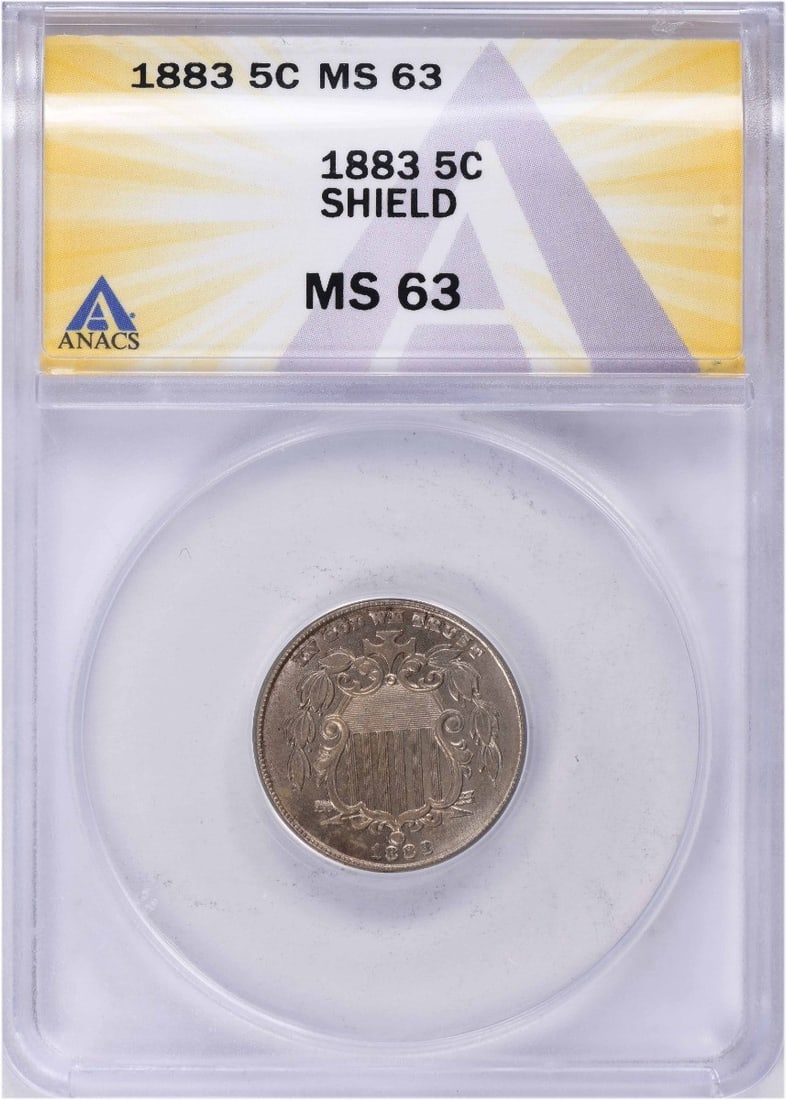 ANACS MS63 1883 Shield Five Cent Coin Uncirculated: ANACS MS63 1883 Shield Five Cent Coin Uncirculated This 1883 Shield Nickel from the United States is certified by ANACS with a grade of MS63. Struck in Philadelphia, the coin is composed of 75% copper