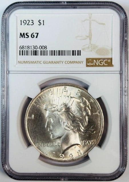 NGC MS-67 1923 Peace Silver Dollar: NGC MS-67 1923 Peace Silver Dollar This 1923 Peace Dollar is graded MS-67 by NGC, indicating a high-quality uncirculated coin. Composed of silver, it is a pre-owned collectible from the United States,