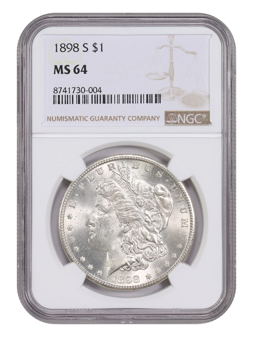 1898-S Morgan Dollar NGC MS64 San Francisco Mint: 1898-S Morgan Dollar NGC MS64 San Francisco Mint This is an 1898 Morgan Dollar struck at the San Francisco Mint and certified by NGC. It is a highly sought-after date among collectors, known for its s