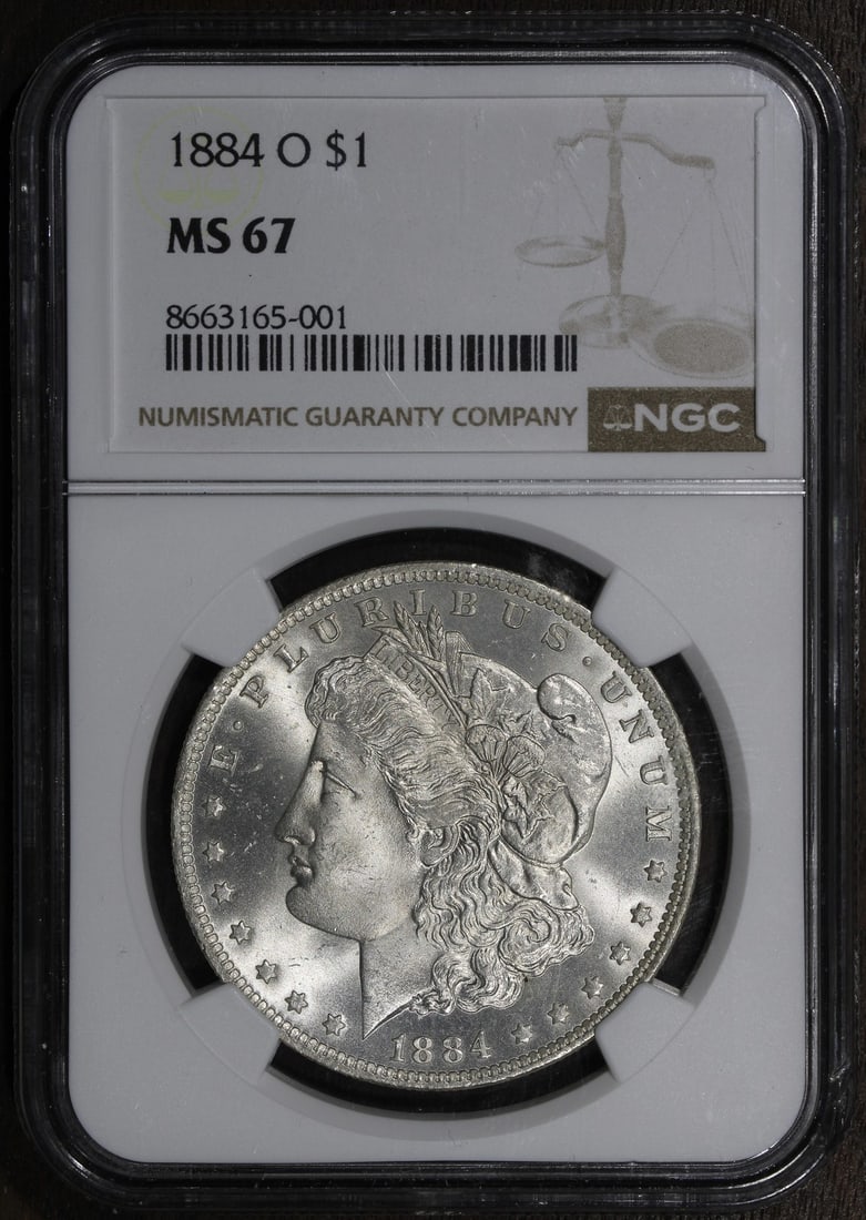 NGC MS67 1884-O Morgan Silver Dollar New Orleans Mint: NGC MS67 1884-O Morgan Silver Dollar New Orleans Mint This 1884-O Morgan Silver Dollar is an uncirculated coin graded MS67 by NGC. Struck in New Orleans, it features a silver composition with a finene