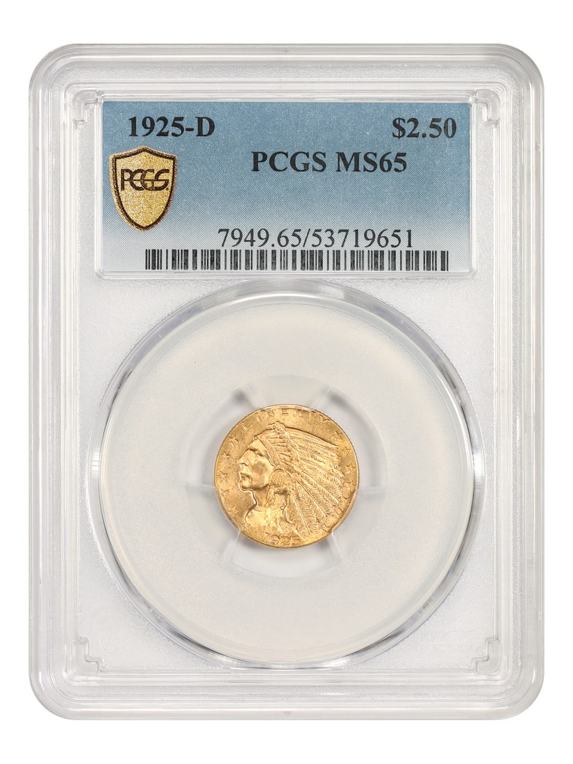 1925-D Indian $2.50 Gold PCGS MS65 Denver Mint: 1925-D Indian $2.50 Gold PCGS MS65 Denver Mint This 1925-D $2.50 Indian Gold Quarter Eagle is certified by PCGS in MS65 condition. It marks the final year of Denver Mint issues for this popular design
