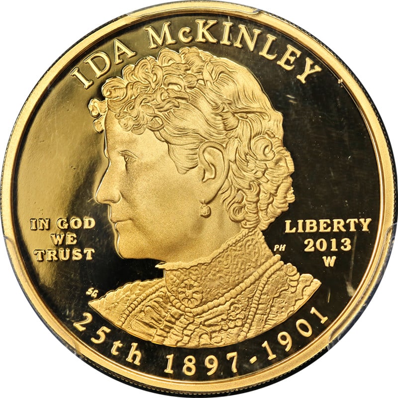 PCGS PR69 DCAM 2013-W Gold $10 Ida McKinley Coin Mercanti Signed Label: PCGS PR69 DCAM 2013-W Gold $10 Ida McKinley Coin Mercanti Signed Label This 2013-W First Spouse Gold $10 coin features Ida McKinley and is certified by PCGS as PR69 Deep Cameo (DCAM). It includes a ha
