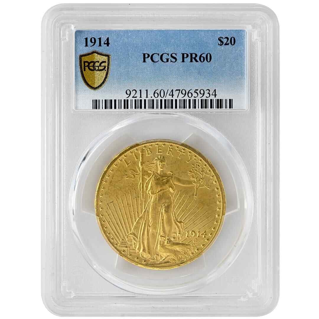 Proof 1914 Saint Gaudens $20 Gold PCGS PR60: Proof 1914 Saint Gaudens $20 Gold PCGS PR60 This is a 1914 $20 St. Gaudens gold coin from the United States, featuring a proof strike and graded PR60 by PCGS. The coin was minted in Philadelphia and r
