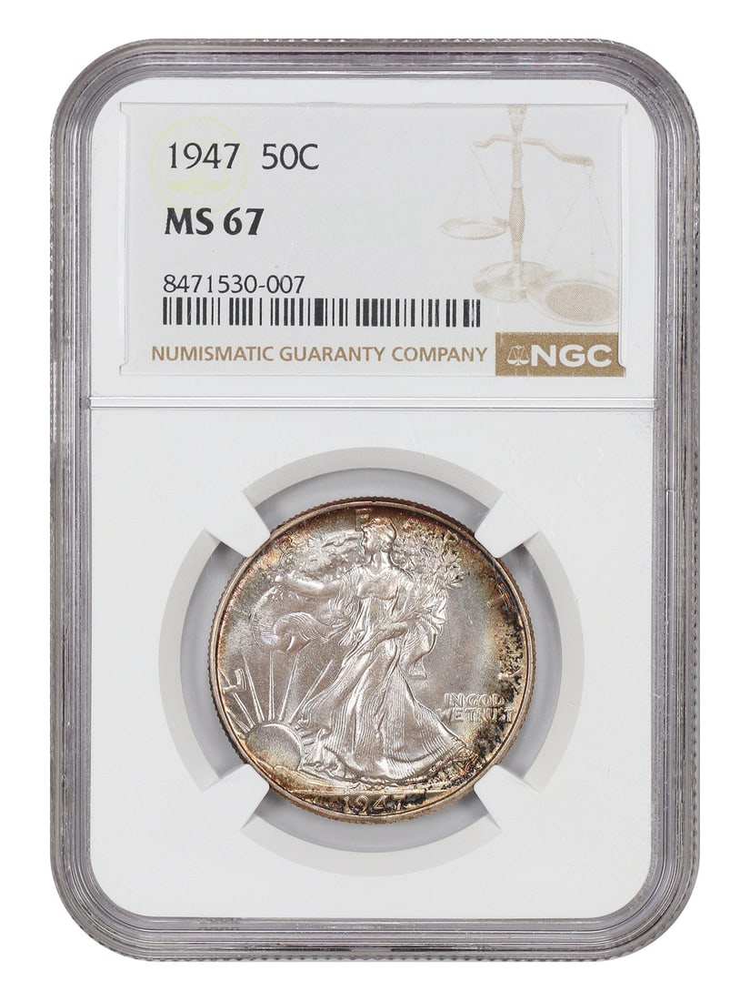 NGC MS67 1947 Walking Liberty 50C Half Dollar: NGC MS67 1947 Walking Liberty 50C Half Dollar This 1947 Walking Liberty Half Dollar features striking toning with cool purple centers, a vibrant red-orange halo, and deep onyx accents. Graded MS67 by 
