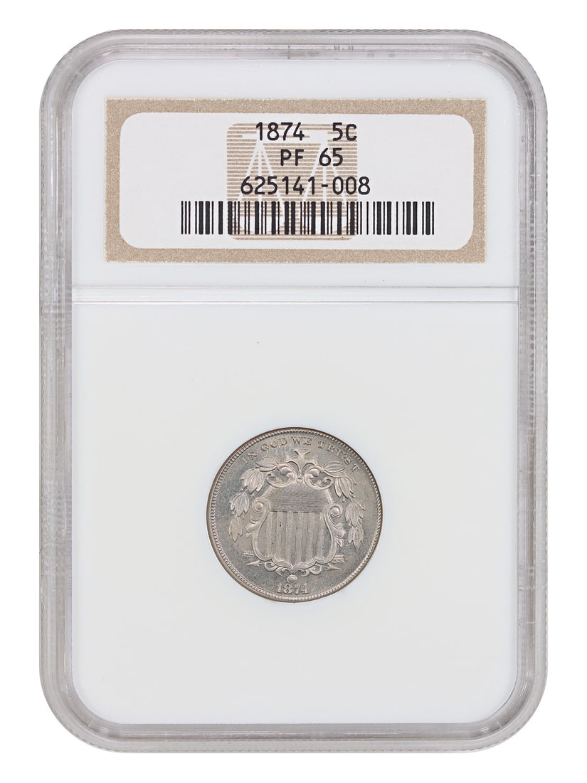 1874 NGC PR65 Shield Nickel 5C: 1874 NGC PR65 Shield Nickel 5C This is an 1874 Shield Nickel, graded PR65 by NGC. It is a proof strike coin from the Philadelphia Mint, notable for its low mintage of only 700 pieces. The coin feature