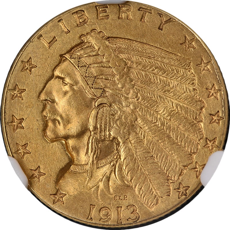 1913 Indian Head Gold Quarter Eagle NGC MS61 Uncirculated Coin: 1913 Indian Head Gold Quarter Eagle NGC MS61 Uncirculated Coin This original 1913 Indian Gold $2.50 coin features attractive eye appeal with notable luster and a well-defined strike. Graded NGC MS61, 