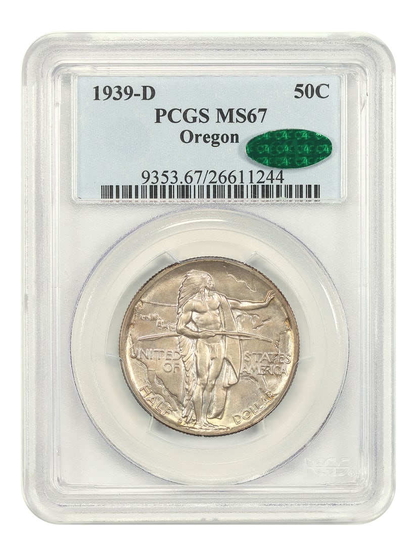 1939 Denver Oregon Trail Half Dollar PCGS CAC MS67: 1939 Denver Oregon Trail Half Dollar PCGS CAC MS67 This 1939-D Oregon 50-cent piece is a classic silver commemorative coin, certified by PCGS with a CAC endorsement and graded MS67. Struck at the Denv