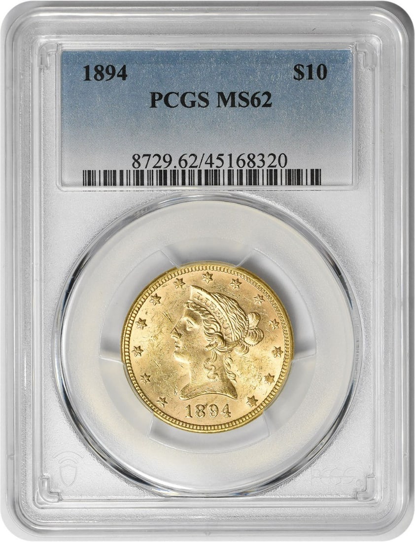 1894 $10 Gold Liberty Head MS62 PCGS Uncirculated Coin: 1894 $10 Gold Liberty Head MS62 PCGS Uncirculated Coin This stunning 1894 $10 Gold Liberty Head coin features a pristine MS62 grade, certified by PCGS. The coin is uncirculated and showcases the exqui