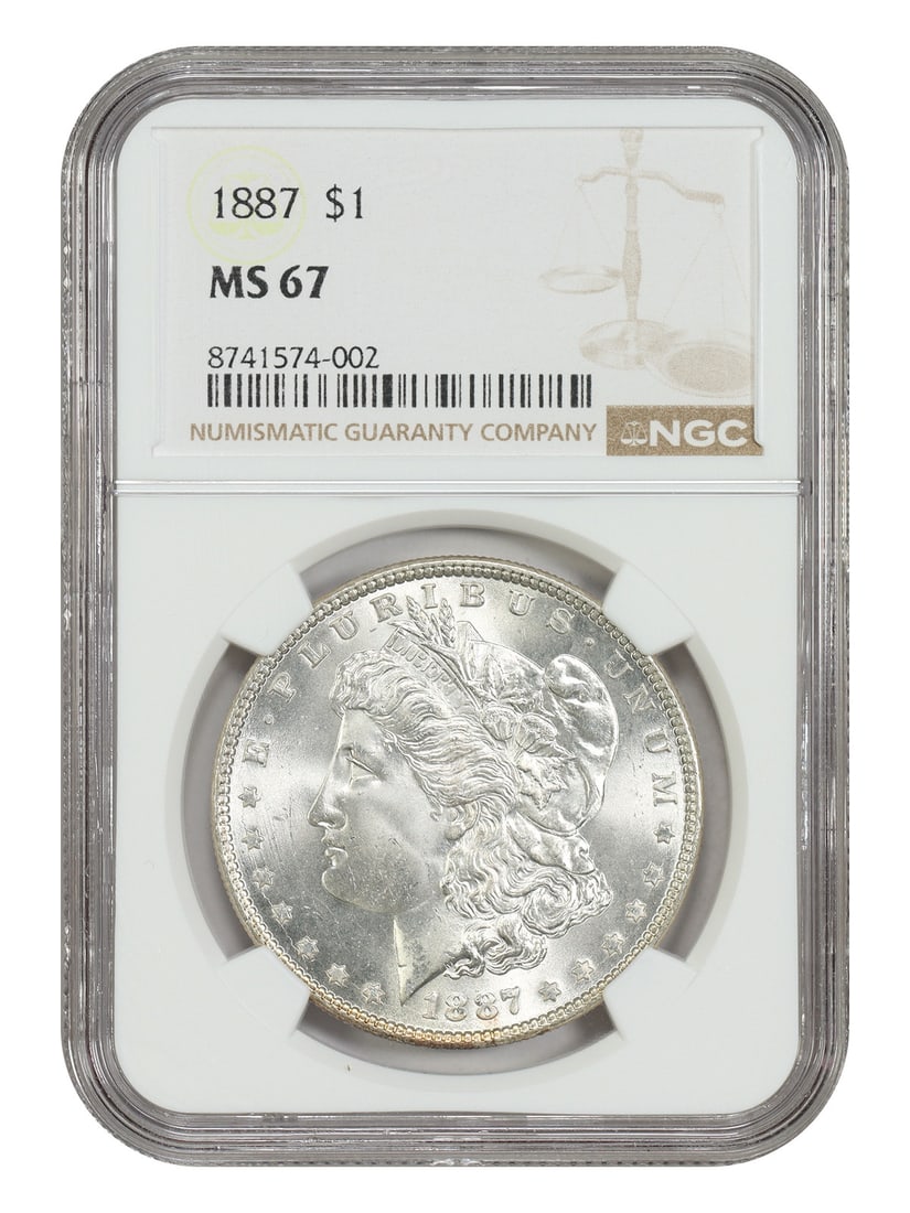 NGC MS67 1887 Morgan Dollar Philadelphia: NGC MS67 1887 Morgan Dollar Philadelphia This 1887 Morgan Dollar is graded MS67 by NGC and is an uncirculated coin from the Philadelphia Mint. While 1887 is known as a common date due to its high mint