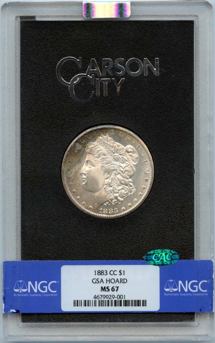 NGC MS67 CAC Graded 1883 Carson City Morgan Dollar from GSA Hoard: NGC MS67 CAC Graded 1883 Carson City Morgan Dollar from GSA Hoard This 1883-CC Morgan Dollar is part of the GSA Hoard and has been certified by NGC with a grade of MS67 and an additional CAC endorseme
