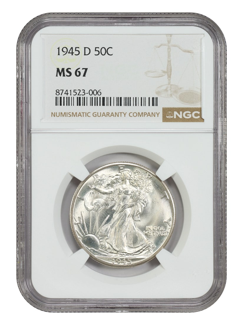 NGC MS67 1945-D Walking Liberty Half Dollar: NGC MS67 1945-D Walking Liberty Half Dollar This 1945-D Walking Liberty Half Dollar is graded MS67 by NGC, indicating a high-quality uncirculated coin. Struck at the Denver Mint, it is part of the Wal