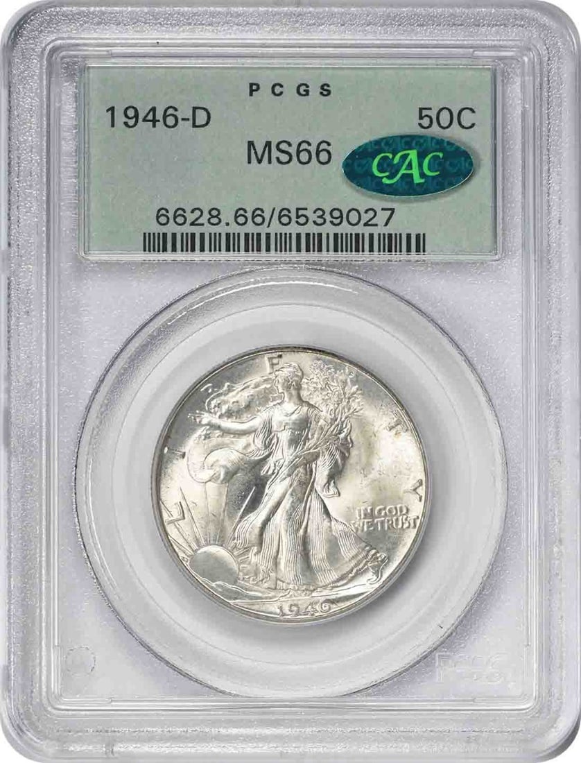 PCGS MS66 CAC 1946 Denver Walking Liberty 50C Silver Half Dollar OGH: PCGS MS66 CAC 1946 Denver Walking Liberty 50C Silver Half Dollar OGH This 1946-D Walking Liberty Half Dollar is graded MS66 by PCGS and features the CAC sticker. Struck at the Denver Mint, this uncirc