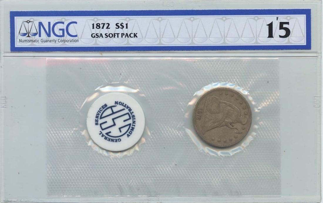 1872 Liberty Seated Dollar NGC F15 GSA Soft Pack Motto (1 of 2)
