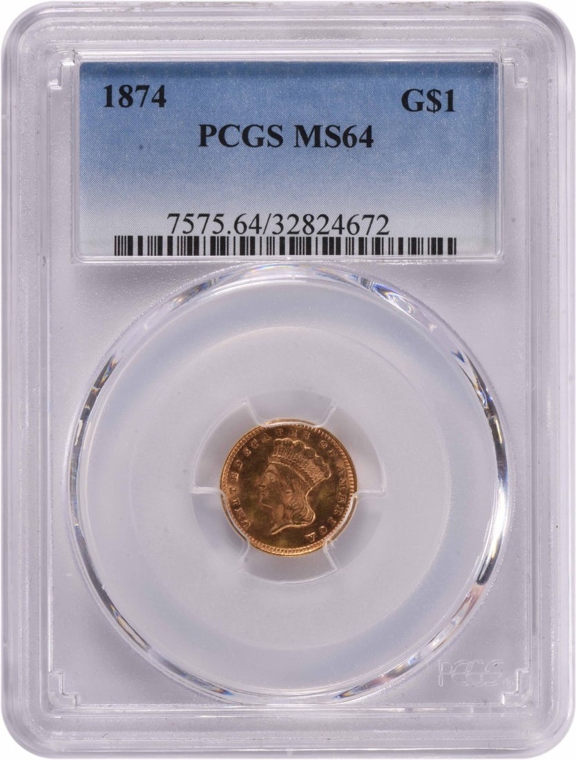 1874 $1 Gold Type 3 Coin MS64 PCGS Uncirculated Philadelphia Mint: 1874 $1 Gold Type 3 Coin MS64 PCGS Uncirculated Philadelphia Mint This 1874 $1 Gold Type 3 coin is a remarkable piece of history, featuring the esteemed design by James Barton Longacre. With a grade o